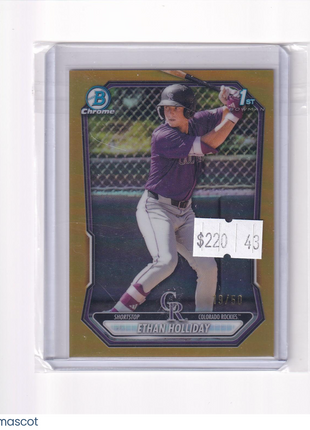 Ethan Holliday 2025 Bowman Chrome #BCP-1 Colorado Rockies Gold Refractor 19/50