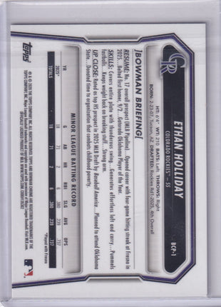 Ethan Holliday 2025 Bowman Chrome #BCP-1 Colorado Rockies Gold Refractor 19/50