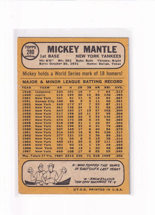 Mickey Mantle 1968 Topps #280 New York Yankees