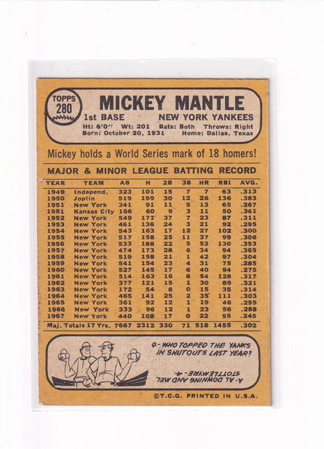 Mickey Mantle 1968 Topps #280 New York Yankees