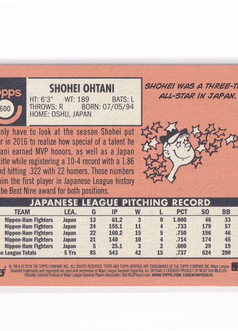 Shohei Ohtani 2018 Topps Heritage #600 Los Angeles Angels RC