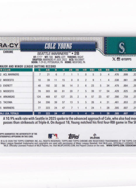 Cole Young 2026 Topps Chrome #RA-CY Seattle Mariners Green 37/99 RC