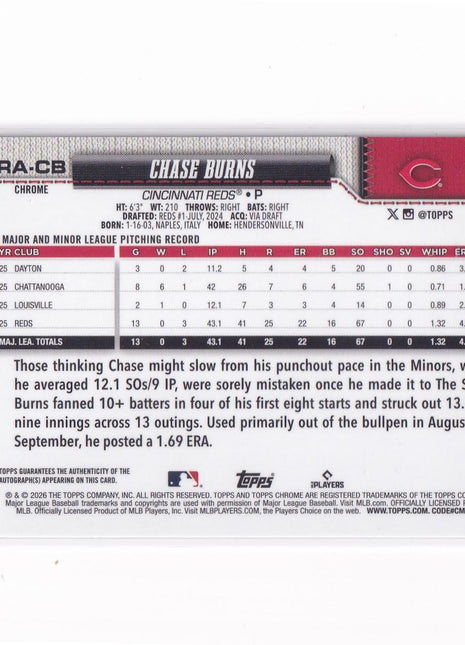 Chase Burns 2026 Topps Chrome #RA-CB Cincinnati Reds Purple 02/75 RC
