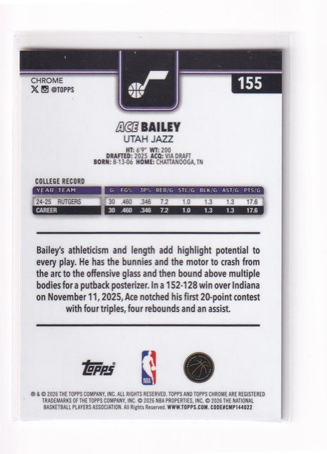 Ace Bailey 2026 Topps Chrome #155 Utah Jazz Gold Speckle RC