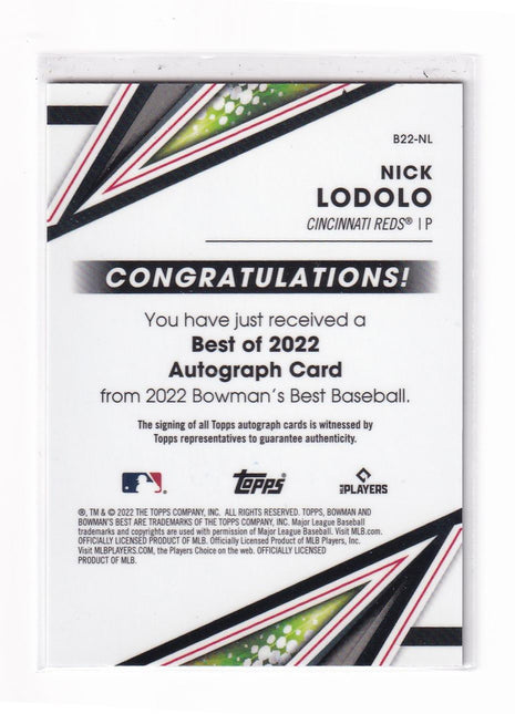 Nick Lodolo 2022 Bowman's Best #B22-NL Cincinnati Reds Red Refractor Autograph 4/5 RC