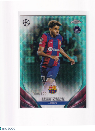 Lamine Yamal 2024 Topps Chrome UEFA Champions League #64 FC Barcelona Aqua Refractor RC 008/199