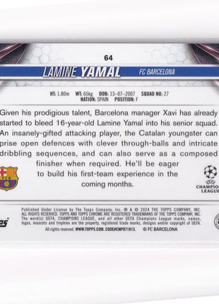 Lamine Yamal 2024 Topps Chrome UEFA Champions League #64 FC Barcelona Aqua Refractor RC 008/199