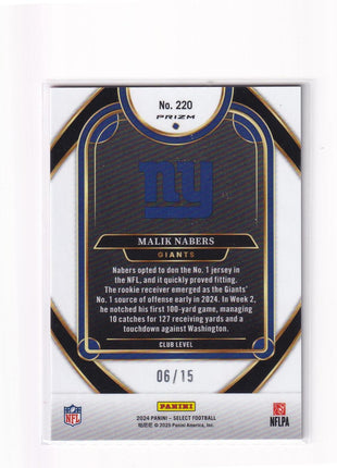 Malik Nabers 2025 Panini Select Football #220 New York Giants Purple Glitter Prizm RC 06/15