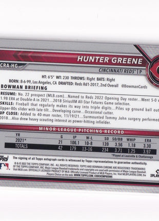 Hunter Greene 2022 Bowman Chrome #CRA-HG Cincinnati Reds Aqua Shimmer RC