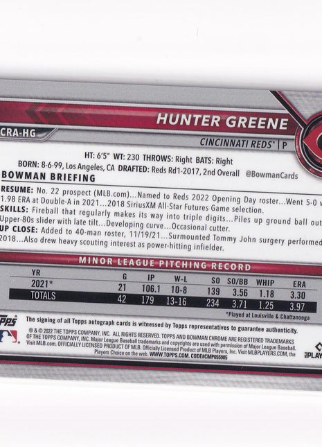 Hunter Greene 2022 Bowman Chrome #CRA-HG Cincinnati Reds Aqua Shimmer RC