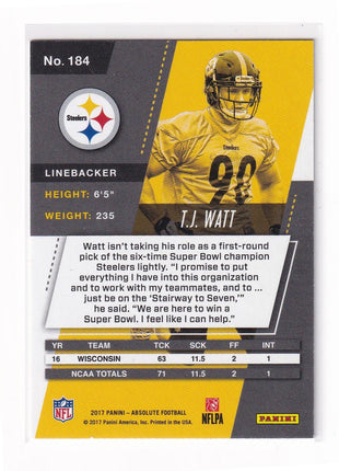 T.J. Watt 2017 Panini Absolute #184 Pittsburgh Steelers Green Spectrum RC 15/25
