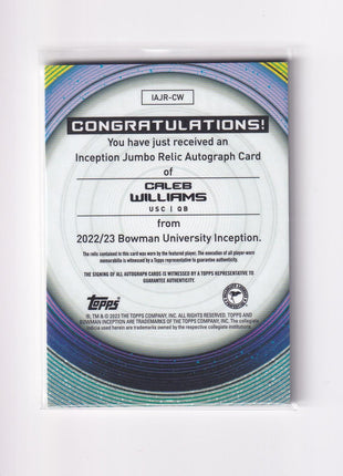 Caleb Williams 2023 Bowman University Inception #IAJR-CW USC Trojans Player-Worn Memorabilia Autograph Jumbo Relic