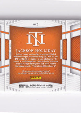 Jackson Holliday 2023 Panini National Treasures Baseball #3 Baltimore Orioles Autograph Patch 17/49 Memorabilia