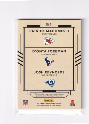 Josh Reynolds D'Onta Foreman Patrick Mahomes II 2017 Panini Gold Standard Newly Minted #3 Kansas City Chiefs Houston Texans Los Angeles Rams Triple Memorabilia 22/99