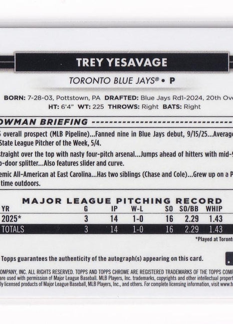 Trey Yesavage 2026 Topps Chrome National Sports Collectors Convention #MLB-05 Toronto Blue Jays Autograph 07/25 RC