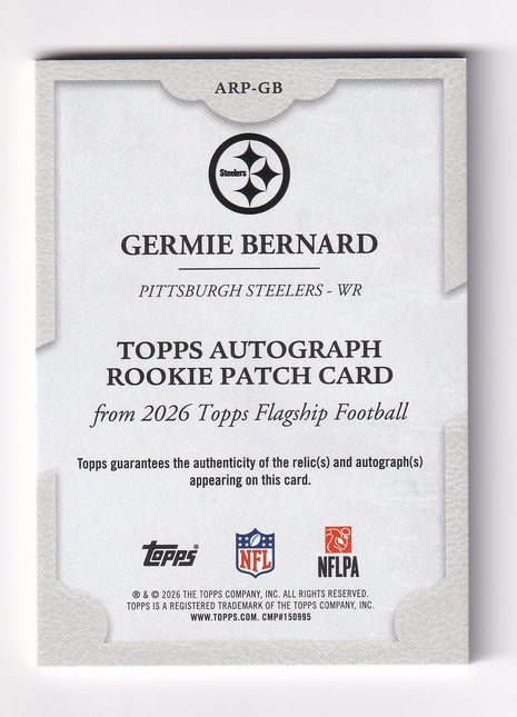 Germie Bernard 2026 Topps Football #ARP-GB Steelers Rookie Patch Card 1/5