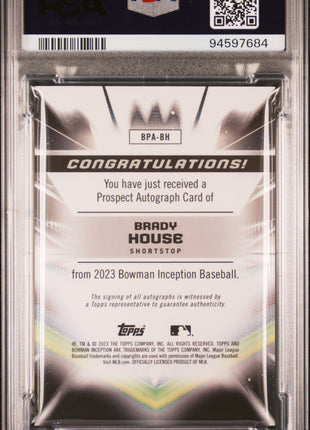 Brady House PSA 10 2023 Bowman Inception Autographs #BPABH Gold Foil /50